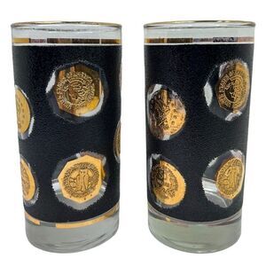 MCM Libbey Glass Tumbler 6” High Ball Gold Coin Black Heavy Base Vintage (2pcs)